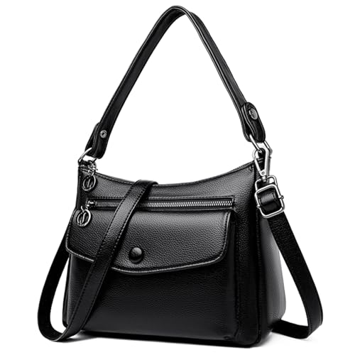 BAGROUPS Umhängetasche Damen Handtasche Schultertasche Tasche Damen Crossbody Bag Große Kapazität Weiches Leder Mit Abnehmbarem Verstellbarem Schultergurt (Schwarz)