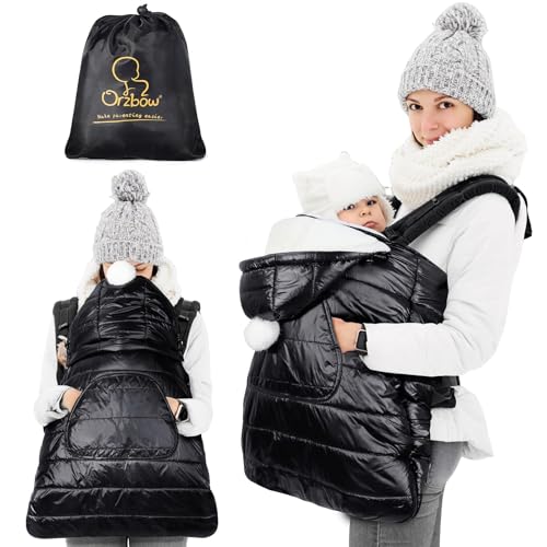 Orzbow Babytrage Universal Regenschutz,Wasserdicht Babytrage Cover mit Abnehmbare Kapuze mit Kordelzug,Korallenvlies-Futter,Vordertasche,Reißverschluss Unten,für Winter,Frühling,Herbst