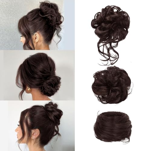 FDEETY 3 Stück Haarteil mit Gummiband Lockiges Welliges Synthetisches Messy Bun Dutt Haarteile Hochsteckfrisur Haarschmuck für Damen Haarteile für Dünnes Haar (Dunkelbraun)