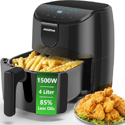 Aigostar Air Fryer 4L, Heißuftfritteuse XXL, Heissluft Fritteusen ohne Öl, 8 Menü und Rezept, LED-Touchscreen, 1500W, BPA-frei