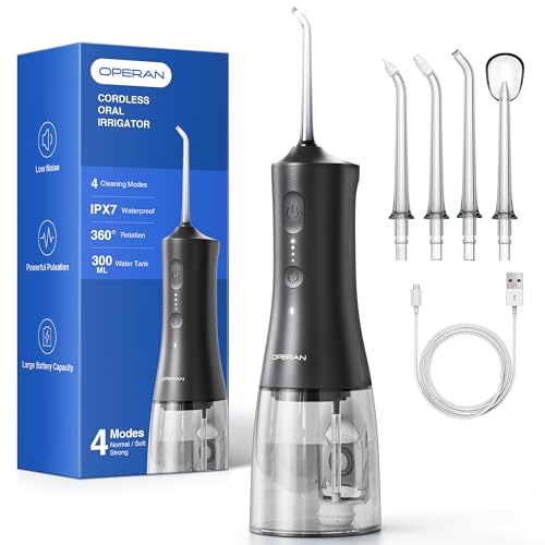 Operan Munddusche Kabellos, Tragbar Elektrische Zahndusche 4 Modi & 4 Düsen, 300ML Oral Irrigator Munddusche Testsieger für Entfernt Speisereste und Reinigt Die Zähne (Black, 1Pack)