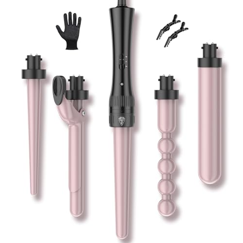 ELEHOT-Store Lockenstab 5 in 1, Multifunktionales Lockenstab Set mit Verschiedenen Aufsätzen 9-32mm, Keramikbeschichtung Lockenwickler mit Handschuhen 2 Clips