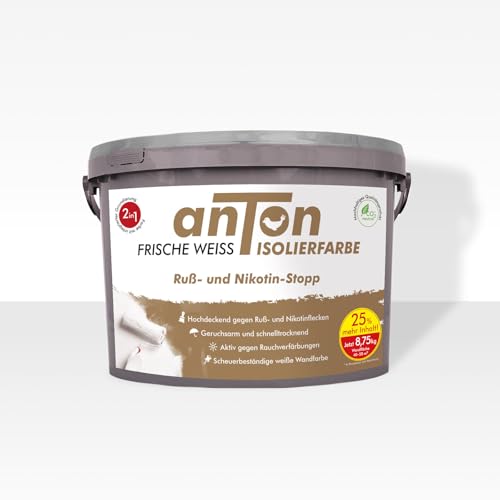 Anton Ruß- und Nikotinsperre | Isolierfarbe 8,75Kg JETZT 25% MEHR INHALT | FRISCHE WEISS | weiß | deckt beim ersten Anstrich | für rauchverfärbte Untergründe | 50m² + MALERROLLER