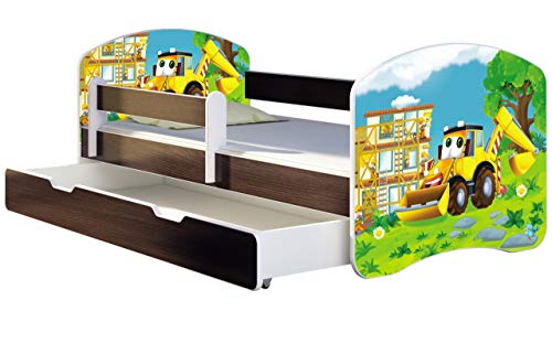 ACMA Kinderbett Jugendbett mit Einer Schublade und Matratze Wenge mit Rausfallschutz Lattenrost II 140x70 160x80 180x80 (20 Bagger, 160x80 + Bettkasten)