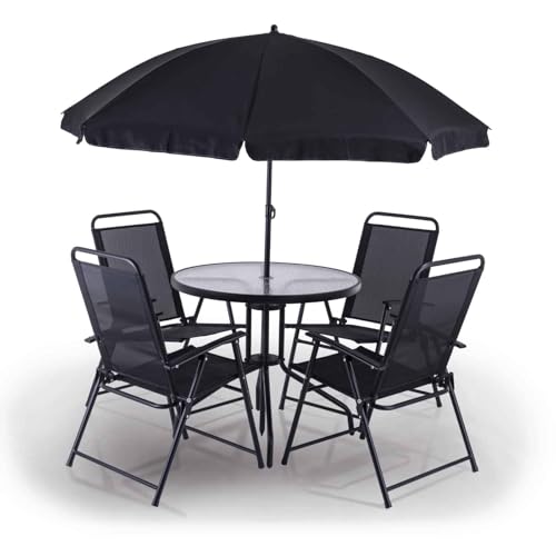 Practixx Balkonmöbelset 6-TLG mit neigbarem Sonnenschirm, Glastisch & 4 Klappstühlen Terrassenmöbelset Campingset Gartenset Balkonset schwarz anthrazit | Patioset grau Festival Garten Terrasse Balkon