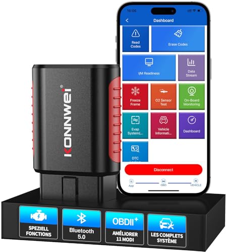 KONNWEI KDIAG OBD2 Bluetooth Diagnosegerät für KFZ,Kabelloser Diagnosetool und Codeleser für alle OBD2 Fahrzeuge,Kompatibel mit iOS/Android,Bluetooth 5.0, Lesegerät mit vollständigen OBD2-Systemscan