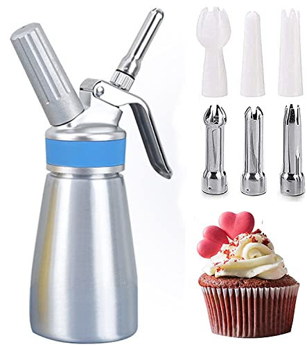 Comforty 250ml Sahnespender, Sahnesyphon Edelstahl mit 3 Dekorations-Düsen und 1 Reinigungsbürsten, Edelstahl Sahnespender für Cremes und Soßen (250 ml Silber)