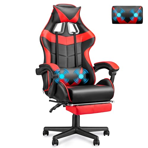 Soontrans Gaming Stuhl Massage, Gaming Sessel mit Fußstütze & Kopfstütze & Massage-Lendenkissen, Gepolsterte Armlehnen, Ergonomisch Gaming Stuhl für Gamer YouTube Livestreaming Xbox (Rot)
