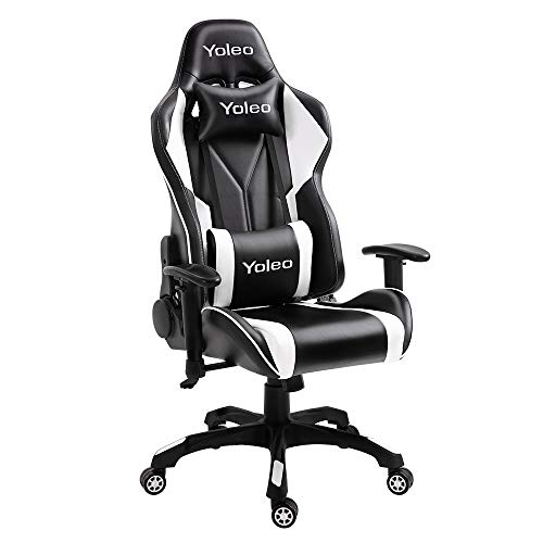 YOLEO Gaming Stuhl Bürostuhl Racing Stuhl Gamer Ergonomischer Stuhl mit Lendenkissen, Hohe Rückenlehne Verstellbarer Drehstuhl, mit einstellte Kopfstütze,150 kg Belastbarkeit, PU-Leder (Schwarz-Weiß)