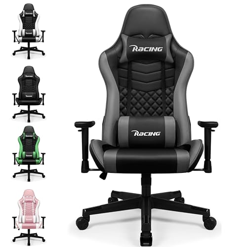 minnouat Gaming Stuhl, Bürostuhl Wippfunktion bis zu 170°, Gaming Chair mit verstellbaren Armlehne Lendenkissen und Kopfstütze, Gamer Stuhl Bequeme Sitzkissen, Gaming Stuhl 150 kg belastbarkeit