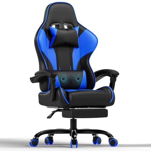 Devoko Massage Gaming Stuhl, Bürostuhl mit Fußstütze und Massage-Lendenkissen, Gamer Stuhl mit Kopfstütze, Ergonomisch Gaming PC Stuhl 150 kg Belastbarkeit (Blau)