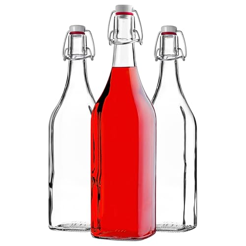 KADAX Bügelflaschen mit Bügelverschluss, 1 Liter, 3 Stück, leere Glasflaschen, Flaschen zum Befüllen, Saftflaschen aus Glas, Bügelflasche für Likör