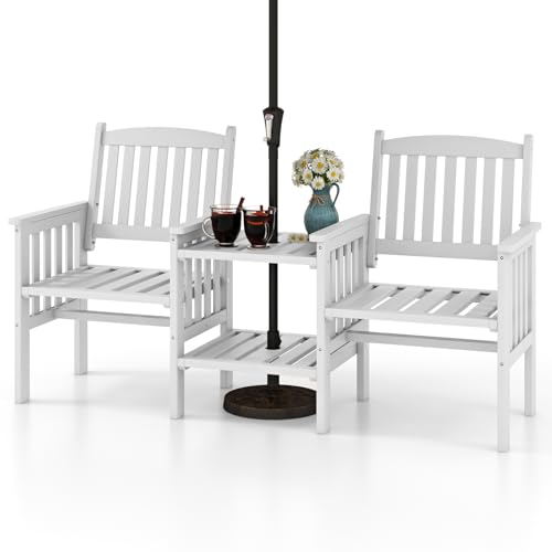 COSTWAY Gartenbank mit Tisch, 2-Sitzer Holzbank mit Schirmloch, Sitzbank aus Tannenholz bis 330 kg belastbar, Terrassenbank für Balkon, Garten, Terrasse, 165 x 60 x 88 cm, Weiß