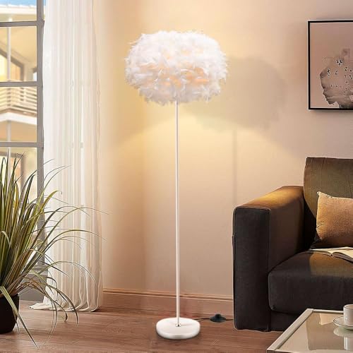 ELINKUME Feder LED Stehlampe Wohnzimmer,Stehleuchte mit Fußschalter,55INCH Höhe Weiße Feder Standleuchte für Schlafzimmer,Esszimmer,Arbeitszimmer,Ecke Home Decor(E27 Lampenhalter)