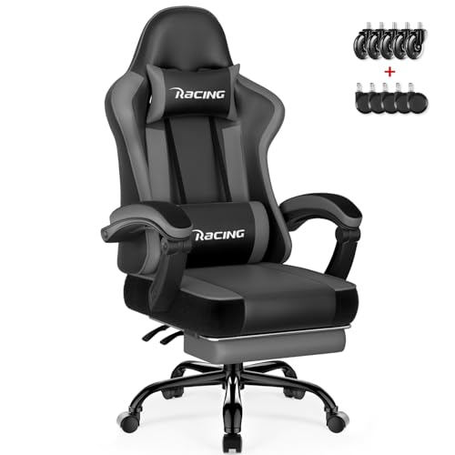 Homimaster Gaming Stuhl, Ergonomisch Gaming Chair mit verstellbare Lendenkissen und Kopfkissen, Gamer Stuhl mit Fußstütze, Gaming Sessel bis 150kg Belastbarkeit, 360° leise Gummirollen, Grau