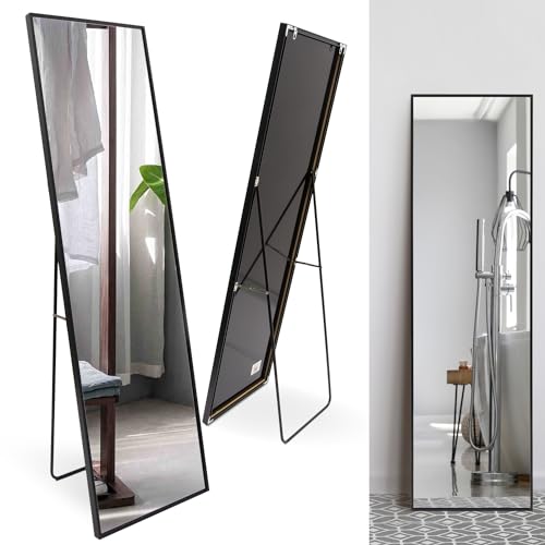 Rechteckiger Ganzkörper Standspiegel schmal 50x140cm, eingefasst im edlen schwarzen Aluminium Rahmen - kristallklare Spiegelung mit High-Definition-Glas - für Schlafzimmer, Bad, Flur, Wohnzimmer