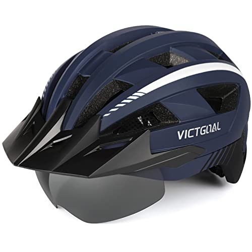 VICTGOAL Fahrradhelm MTB Mountainbike Helm mit magnetischem Visier Abnehmbarer Sonnenschutzkappe und LED Rücklicht Radhelm Rennradhelm für Erwachsenen Herren Damen (L: 57-61cm, Navy)