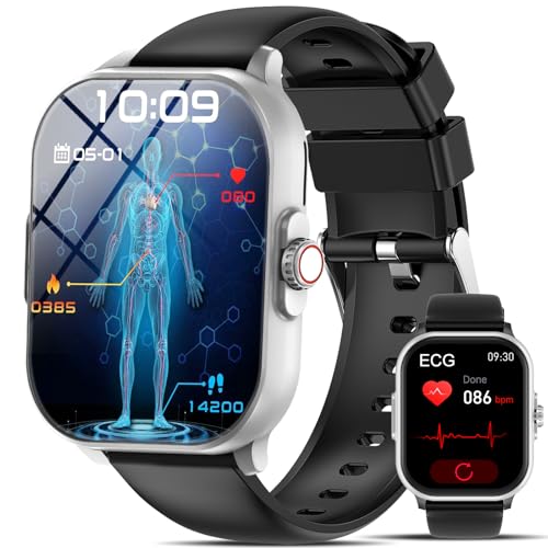 Gesundheitsuhr Smartwatch Damen Herren,2.01”𝐄𝐊𝐆+𝐇𝐑𝐕/ΒΙυtｚυcker Annehmen/Anruf tätigen ΑpΝOE-ErKEΝΝuΝG 2025 Smart watch Wetter Herzfrequenz Schlaf Fitnessuhr Sportuhr Android iOS (Silver Black)