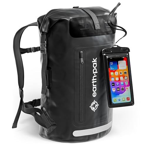 Earth Pak Summit Serie wasserdichter Rucksack, Backpack mit leistungsstarkem Reißverschluss und Rolltop, wasserfester Handyhülle Schwarz 35L