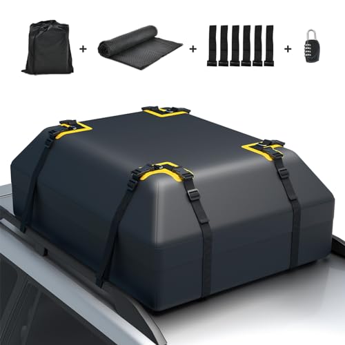 COSTWAY 420L Dachbox für Auto, Dachkoffer wasserdicht mit 6 Türhaken, Zahlenschloss, Rutschfester Matte & Tragetasche, Faltbare Dachtasche Gepäckbox für Autos, Vans, SUVs (Schwarz, 420L)