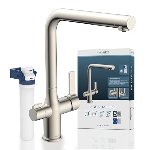 SCHÜTTE 99805 AQUASTAR PRO Trinkwasser-Spültischarmatur mit Filtersystem, 3 Wege Küchenarmatur, Osmose Wasserhahn, Küchenarmatur mit Wasserfilter gegen Kalkrückstände und Schwermetalle, Edelstahloptik