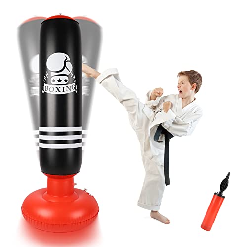 Dripex Boxsack Kinder, 160cm aufblasbare Punchingball freistehender Boxsack für Kickboxen, Karate, MMA, Boxen und Stressabbau (Schwarzrot-Boxing)