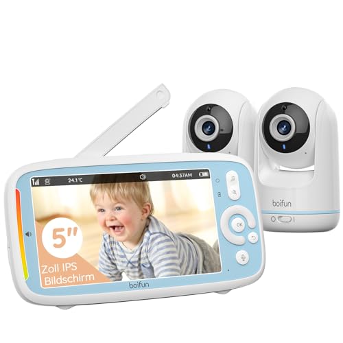 BOIFUN Babyphone mit 2 Kameras ohne WLAN, Intelligente Nachtsicht, Automatische Bildwechsel, PTZ 360° View, 5' IPS Babyfon, Zwei-Wege-Audio, VOX-Modus, Temperaturmessung, Wiegenlied, 300m Reichweite