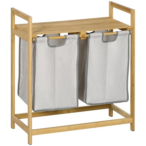 HOMCOM Bambus Wäschekorb 2 Fächer 81,2 L Wäschesammler mit 2 abnehmbaren Wäschesacke, Griff, Plattform, Laundry Baskets Wäschebox, für Waschküche Schlafzimmer Badezimmer Natur