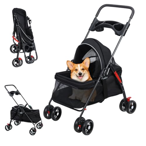 Haustier-Kinderwagen für Hunde und Katzen, faltbarer Reise-Kinderwagen, Katzen-Jogger-Kinderwagen mit Rädern, Getränkehalter, verstellbarem Baldachin, großem Aufbewahrungskorb und sichtbarem Netz, für