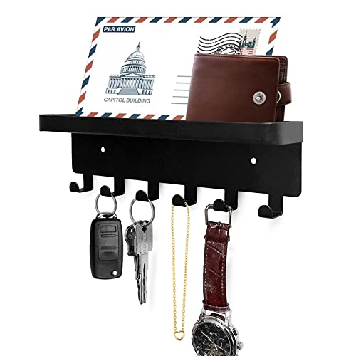 GTK Schlüsselhalter für Wand mit Tablett und 6 Haken, Wandmontierter Schlüsselhalter für den Flur, Schlüsselbrett mit Regal für Postaufbewahrung (Schwarz)