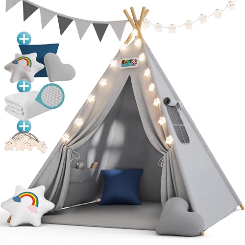 Spielwerk® Tipi Zelt für Kinder Indoor 130x130cm Set mit Bodenmatte Grau Blau Kinderzelt Lichterkette Girlande Kissen Spielzelt Baumwolle Holz Tasche