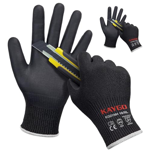 KAYGO 2 Paar Arbeitshandschuhe Schnittfest Level 5, KG21N, Nitril Beschichtet Rutschfester Griff, Maschine Waschbar, EN388 4X42C Schnittschutz Handschuhe für Lager, Bau (Schwarz, XL, Gr 10)