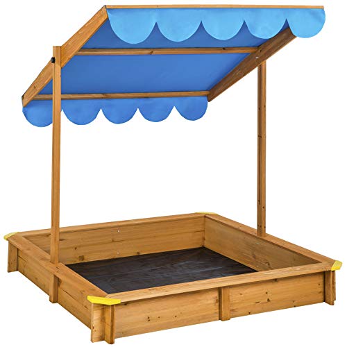 tectake 801084 Sandkasten mit Dach, 120 x 120 x 120 cm, Sandkiste aus Holz mit praktischem Sitzflächenrand, schwenkbares und höhenverstellbares Sonnendach, inkl. Bodenplane (Blau | Nr. 404567)