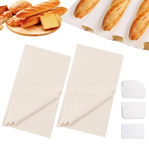 2 Stück Bäckerleinen Leinentuch Brot Backen, 45 x 75cm Bäckerleinen Teigtuch mit Teigschaber, Baumwolle Backleinen Teigtuch, Strudeltuch Für Apfelstrudel Groß für Baguettes, Bäckerbrote, Gebäck