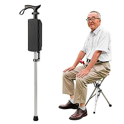 HJK Tripod Walking Stick mit Sitz, Faltbar Gehstock mit Sitz, Krückenstuhl Gehhilfe für ältere Menschen, Aluminiumlegierung 0,9kg, belastbar bis 150kg, rutschfeste