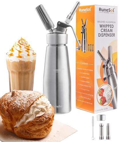 Runesol Sahnespender Aluminium 500ml, Auslaufsicherer Einfach Reinigen Sahnesyphon, Professionelle Sahnesprüher für Desserts, Schlagsahne mit 3 Edelstahl Deko-Düsen, Sahnesiphon, Whip Cream Dispenser