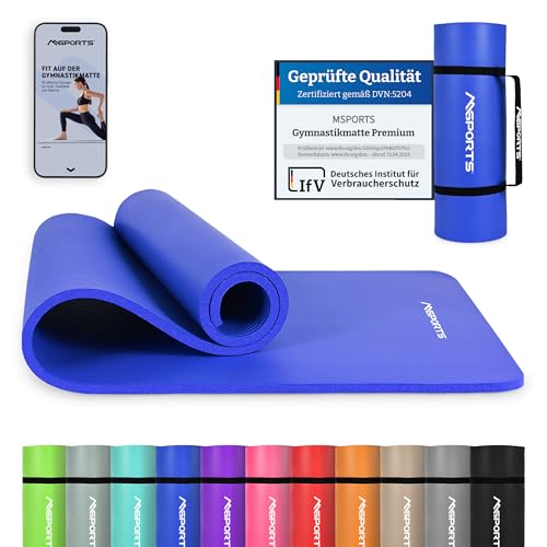 MSPORTS Gymnastikmatte Premium I Yoga Matte rutschfest und extra dick - inkl. Tragegurt + Übungsposter + Workout App I Hautfreundliche Sportmatte - 190x60x1,5 cm - Königsblau - Fitnessmatte, Yogamatte