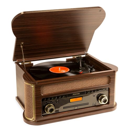 Fenton Memphis, Kompaktanlage mit Plattenspieler Retro, Bluetooth, CD, MP3, DAB+ Radio, Kassettenpieler, Retro Schallplattenspieler mit DAB Radio, FM, USB, Dunkelbraun