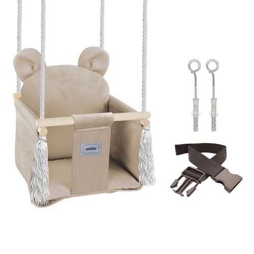 NATILU® Babyschaukel Set Indoor Outdoor | Bär Light Beige Velvet | Babyschaukel | Baby schaukel Indoor | Kinderschaukel aus Holz | Holzschaukel für Kinder | Schaukeln für türrahmen