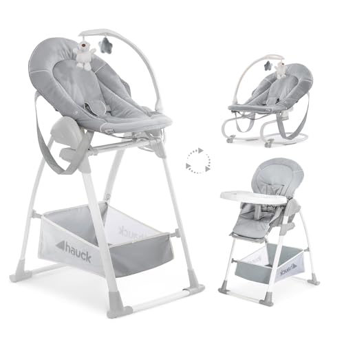 hauck Hochstuhl mit Babywippe Sit N Relax 3in1 ab Geburt bis 15 kg mit Wippgestell, Höhenverstellbares Gestell mit Rollen, Klappbar, Verstellbar, XL Korb, Wippe mit Spielebogen (Stretch Grey)
