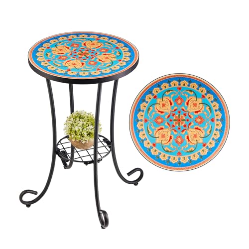 VONLUCE Mosaik Beistelltisch Runder Retro Mosaiktisch Metalltisch Kaffeetisch 35,5x54,5cm Blumenhocker Blumenständer Pflanzenständer Blumenregal mit Mosaikplatte 14' (Rot&Blau)