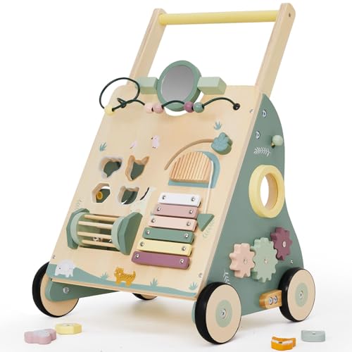 Labebe Lauflernwagen holz, 8-in-1 Verwendung als Laufwagen, Baby Lauflernhilfe Holz mit gummierten Holzrädern und Activity Center, Gehfrei Lauflernhilfe Baby/Lauflernhilfe Holz/Gehhilfe Holz