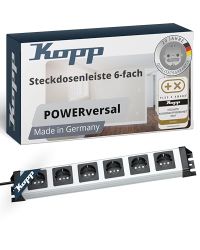 Kopp POWERversal 6-Fach Steckdosenleiste in Silber-Schwarz - Mehrfachsteckdose mit erhöhtem Berührungsschutz - IP20 Steckerleiste mit 1,4m Zuleitung & 90° gedrehten Anschlüssen