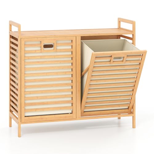 LIFEZEAL Wäschekorb 2 Fächer, Bambus Wäschesammler mit 2 abnehmbaren Beuteln, Wäscheschrank Laundry Baskets mit Latten für Wäscherei, Bad