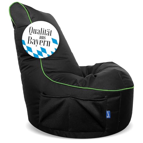 Bruni Cockpit – schwarzer Gaming-Sitzsack zum Zocken mit Lehne und Fach, Indoor und Outdoor geeignet, in Deutschland gefertigt (Schwarz/Grün)