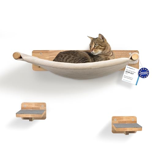 WOOWOOD® Kletterwand Katzen inkl. 2X Katzentreppe Wand [Massivholz] I Kratzbaum Wand I Hängematte Katze I Katzenwand I Wandkratzbaum I Katzenmöbel I Katzen Kletterwand