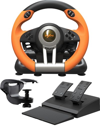 PXN V3 Pro Gaming Lenkrad mit Pedalen - 180°, Vibrationsfeedback, Integrierter Schalthebel, Paddle Schaltung - Lenkrad für PC, PS4, PS3, Xbox und N Switch - Orange