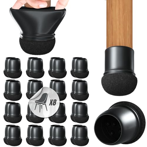 Premium 32 Stück Stuhlbeinkappen Rund, Filzgleiter, Stuhlbeinschoner, Schutzkappen mit Filz für Stuhlbeine | Möbelgleiter Set für 8 Stühle | Silikon Gleiter Stuhlbeinsocken Ø 14-19 mm, Schwarz