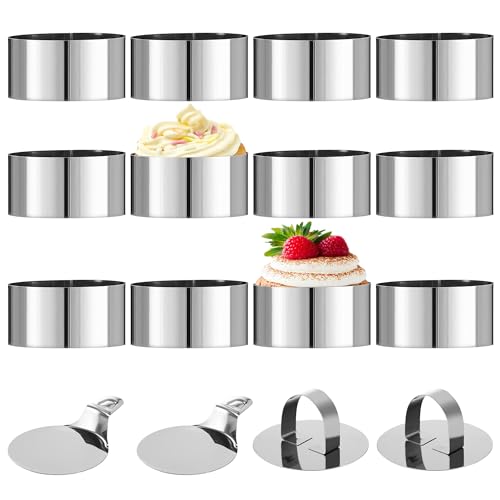 12 Stück Dessertringe und Speiseringe,Edelstahl Servierringe 8cm, Ausgestattet mit 2 Grundplatten und 2 Deckeln, Geeignet für die Herstellung von Keksen, Donuts und Kuchenbackformen