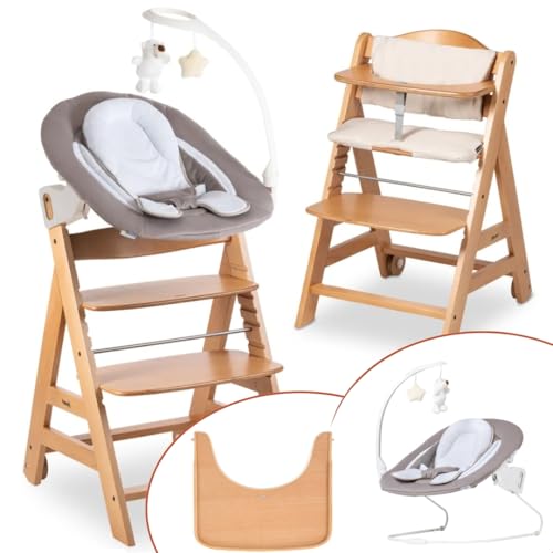 hauck Hochstuhl Beta+ Newborn Set Deluxe - Babyhochstuhl Set ab Geburt mit Neugeborenen Aufsatz Bouncer, Sitzpolster und Essbrett - Natural